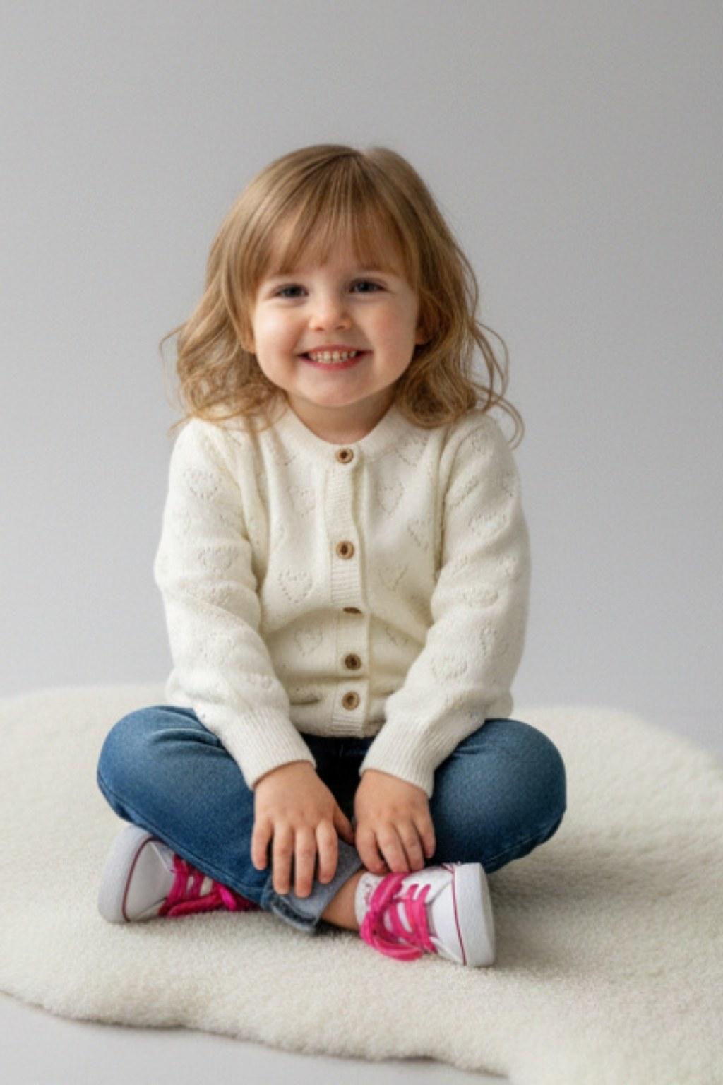 Ajurlu Düğmeli Kız Çocuk Triko Hırka Ekru | 3-6 Yaş