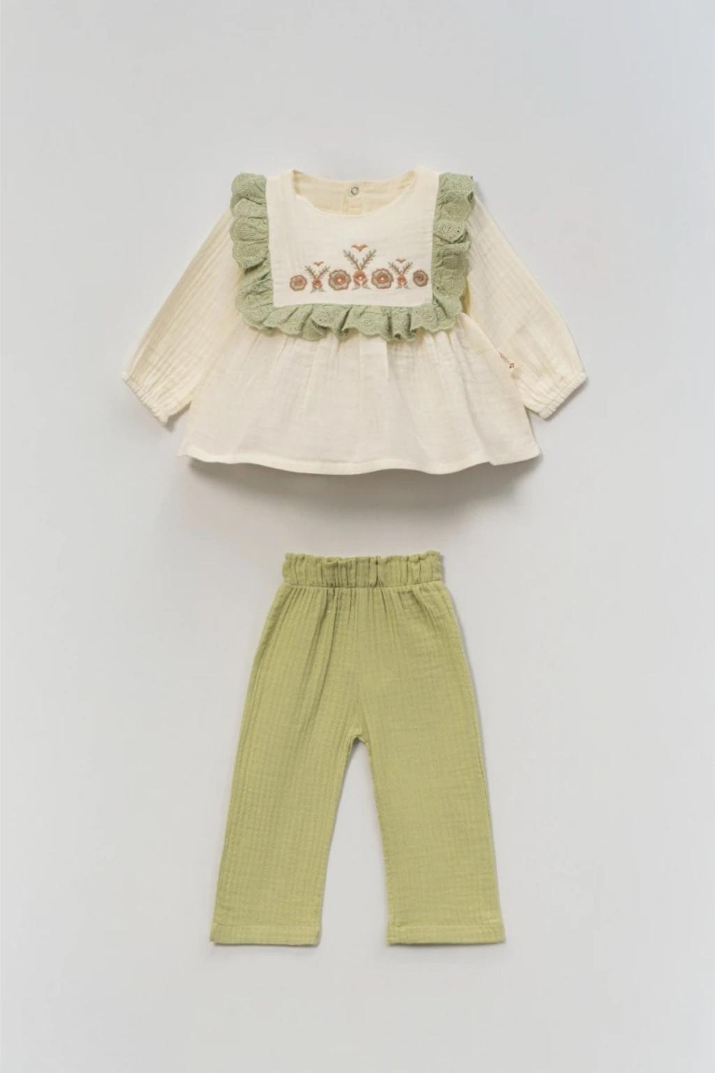 Bebek Müslin Nakışlı Fırfırlı Bluz & Pantolon Takım (6-24 Ay)