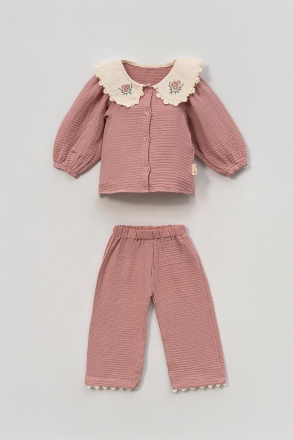 Kız Çocuk Müslin Nakışlı Yaka Detaylı Takım (2-6 Yaş)