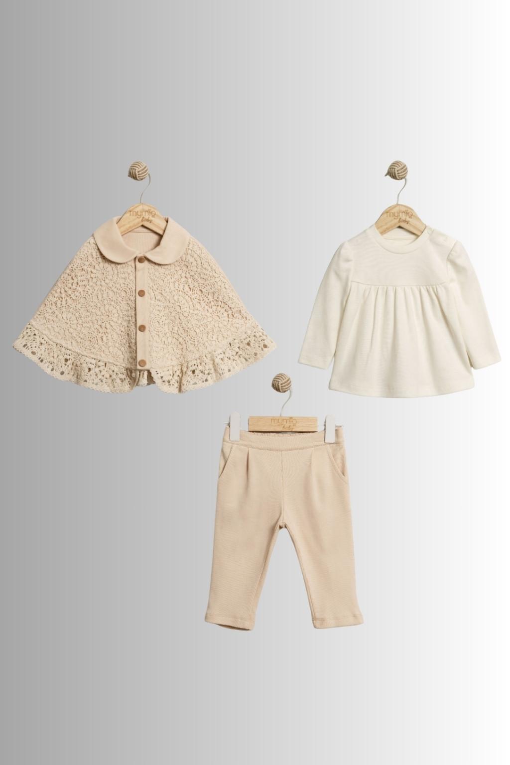 Kız Bebek Dantel Pelerinli 3’lü Takım (6-18 Ay) - Bej