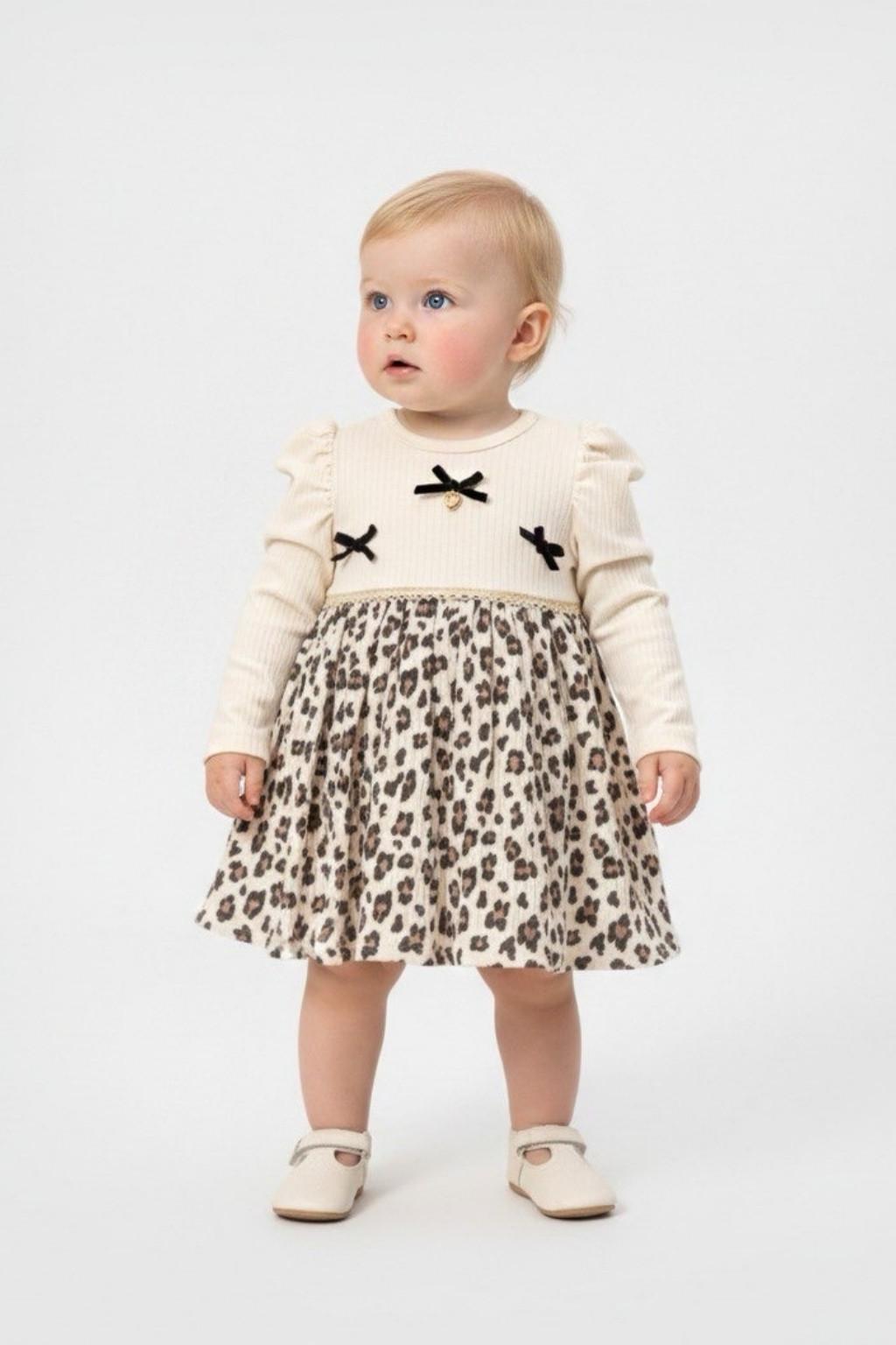 Kız Bebek Leopar Desenli Fiyonklu Elbise (6-24 Ay)