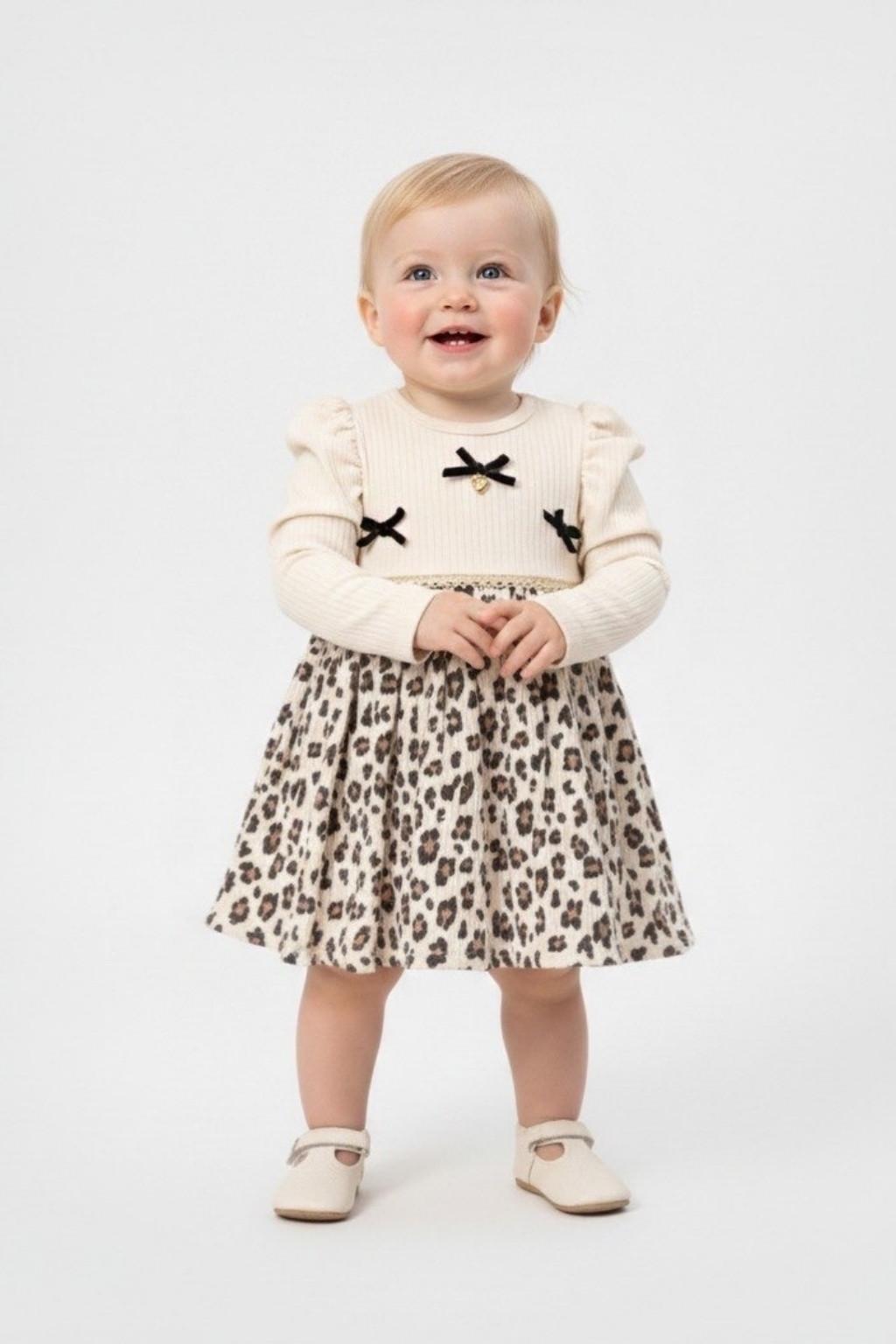 Kız Bebek Leopar Desenli Fiyonklu Elbise (6-24 Ay)