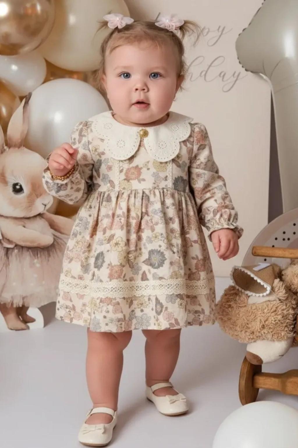 Kız Bebek Çiçek Desenli Yakalı Elbise (6-24 Ay)