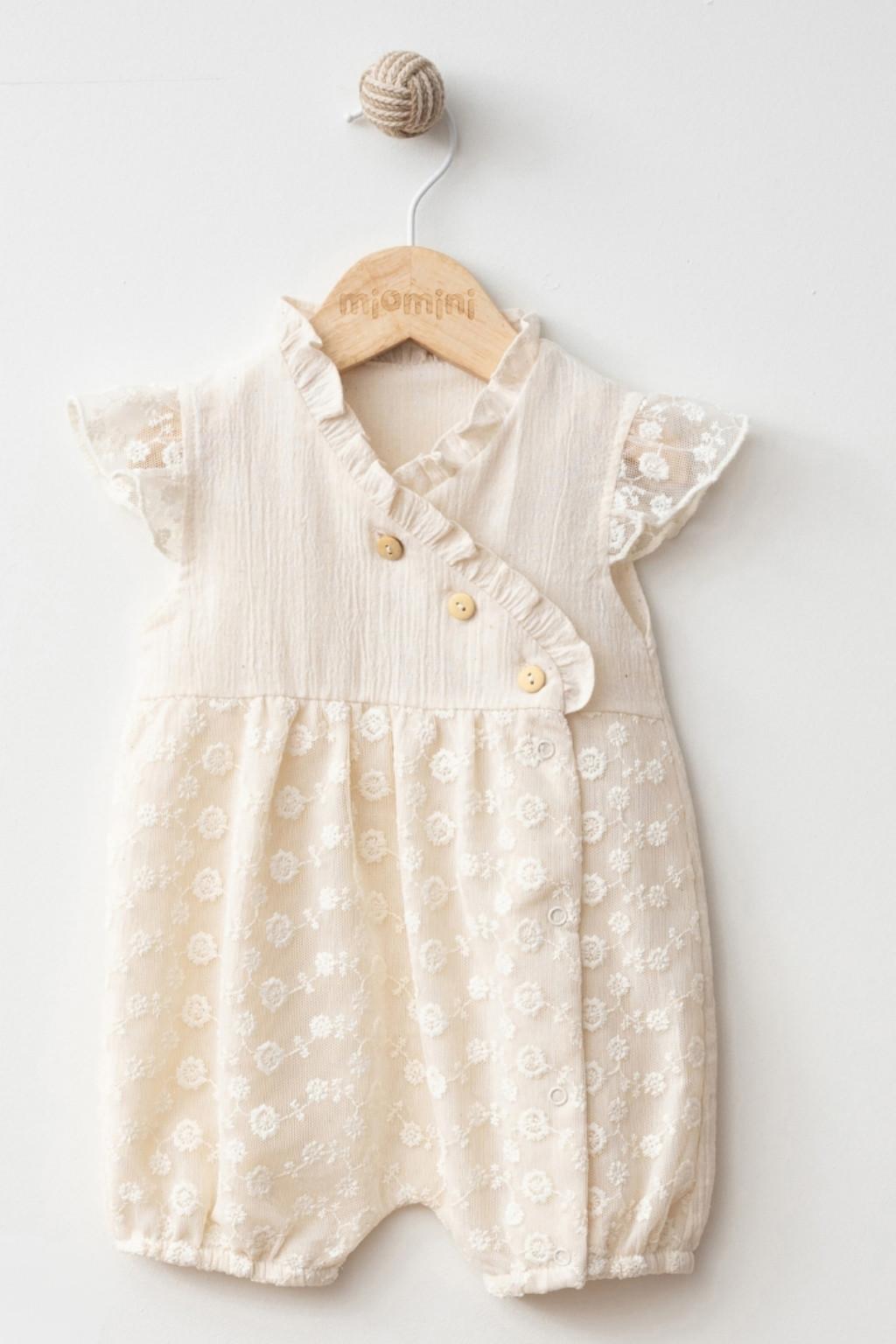 Kız Bebek Brodeli Barbatöz Tulum – Ekru | 3-12 Ay