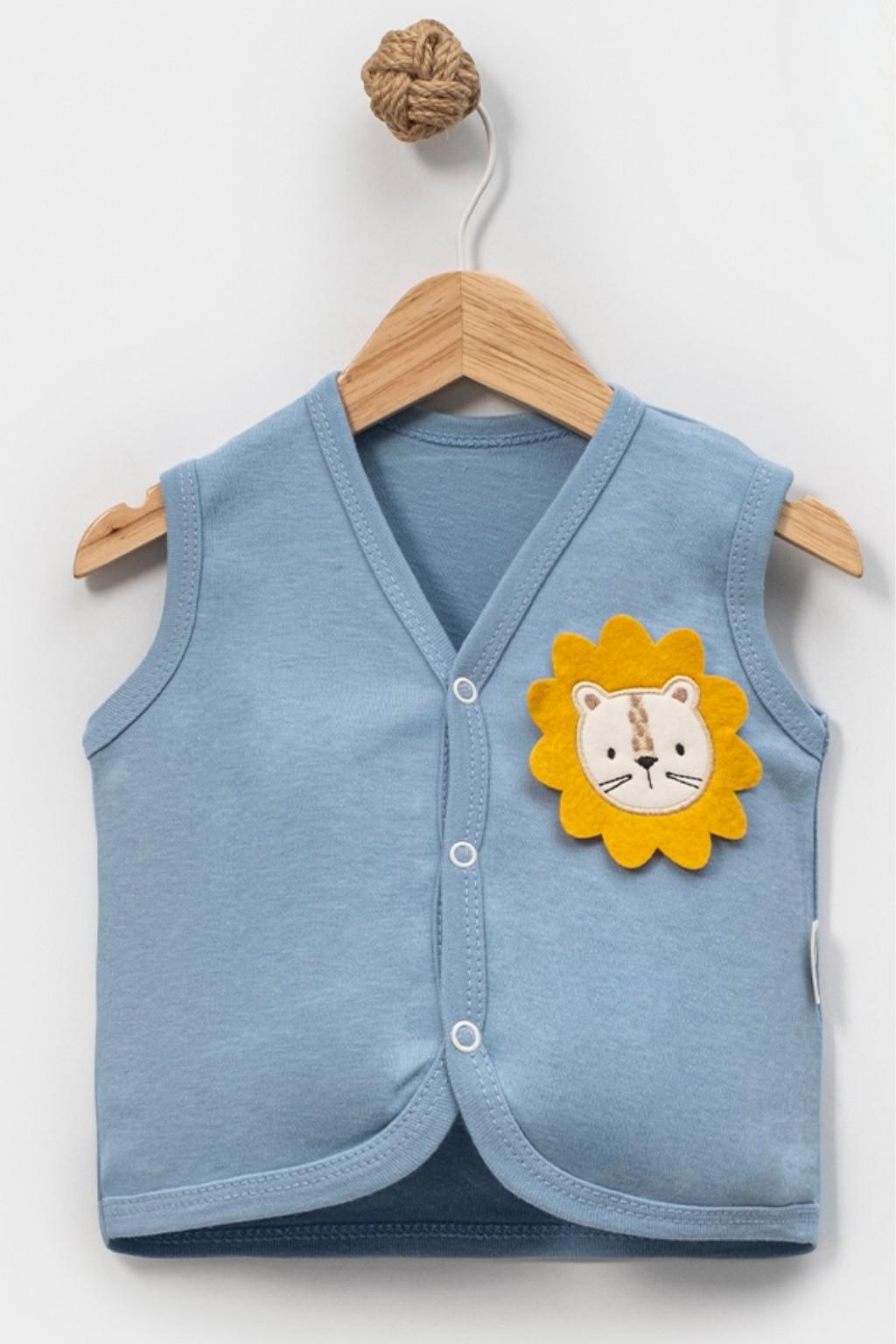 6-24 Ay Aslan Figürlü Bebek Yelek | Düğmeli Mavi Hırka