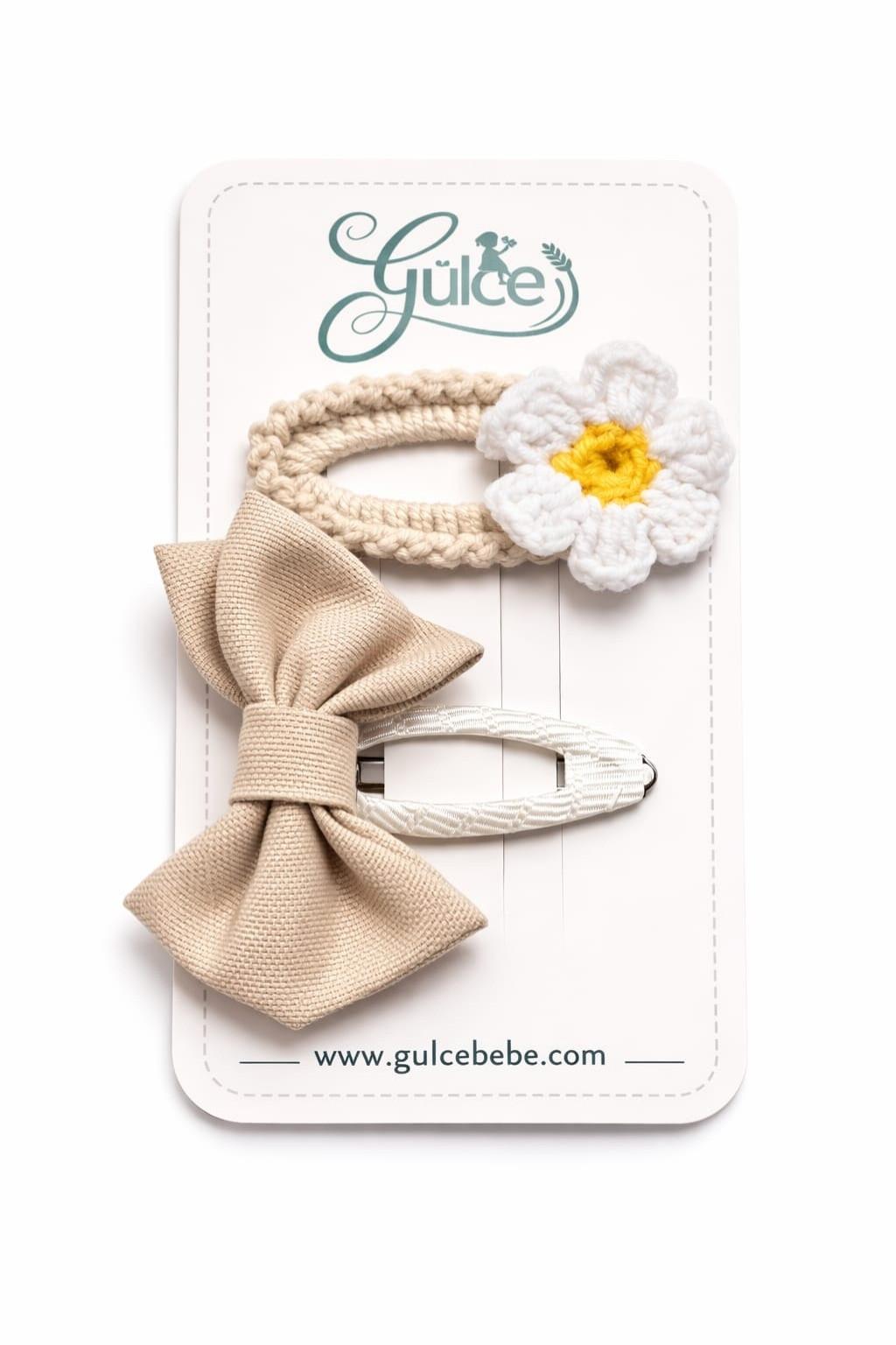 Keten Fiyonk & Örgü Çiçek Detaylı 2’li Toka Seti