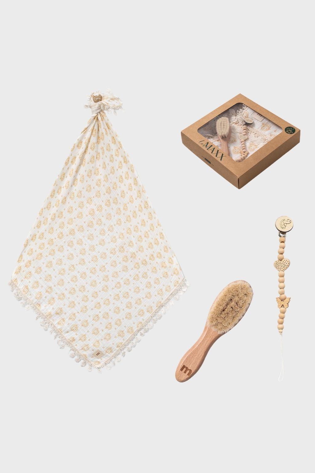 Müslin Battaniye + Bebek Fırçası/Tarak + Emzik Tutacağı Seti | Hediyelik