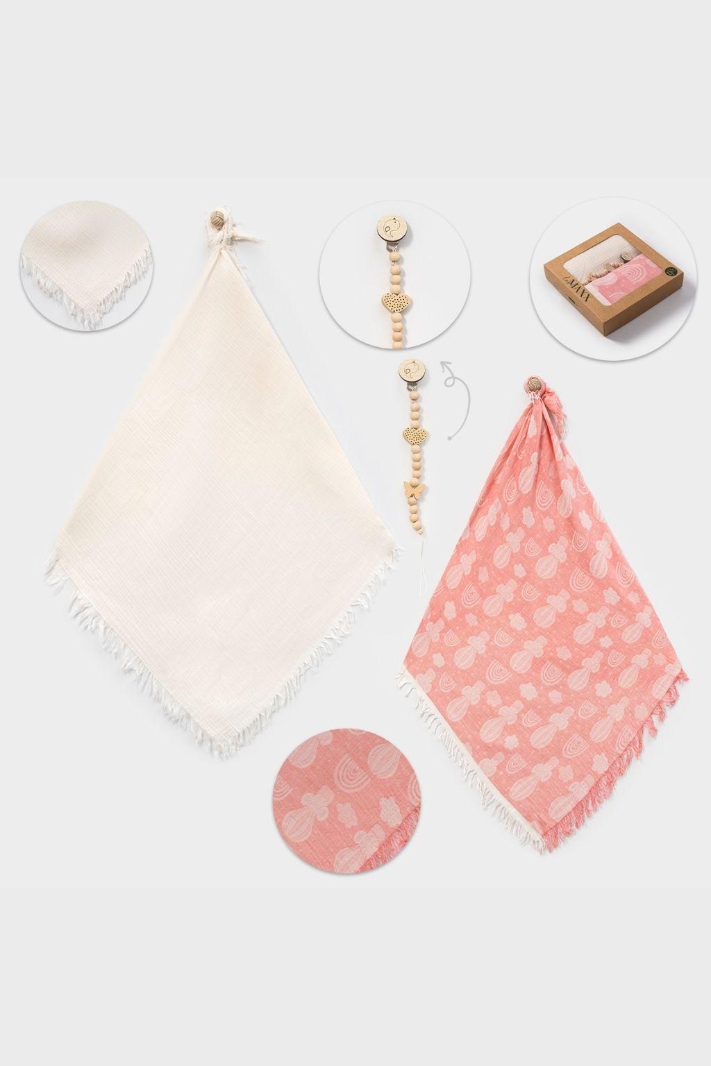110x120 cm Müslin Battaniye Seti | 2’li (Krem + Pembe Desenli)