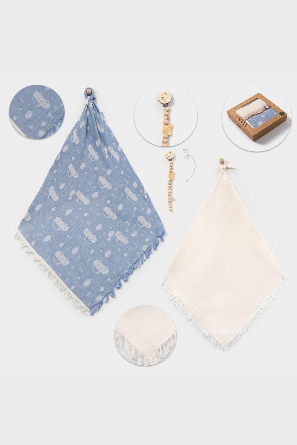 110x120 cm Müslin Battaniye Seti | 2’li (Mavi Desenli + Krem)