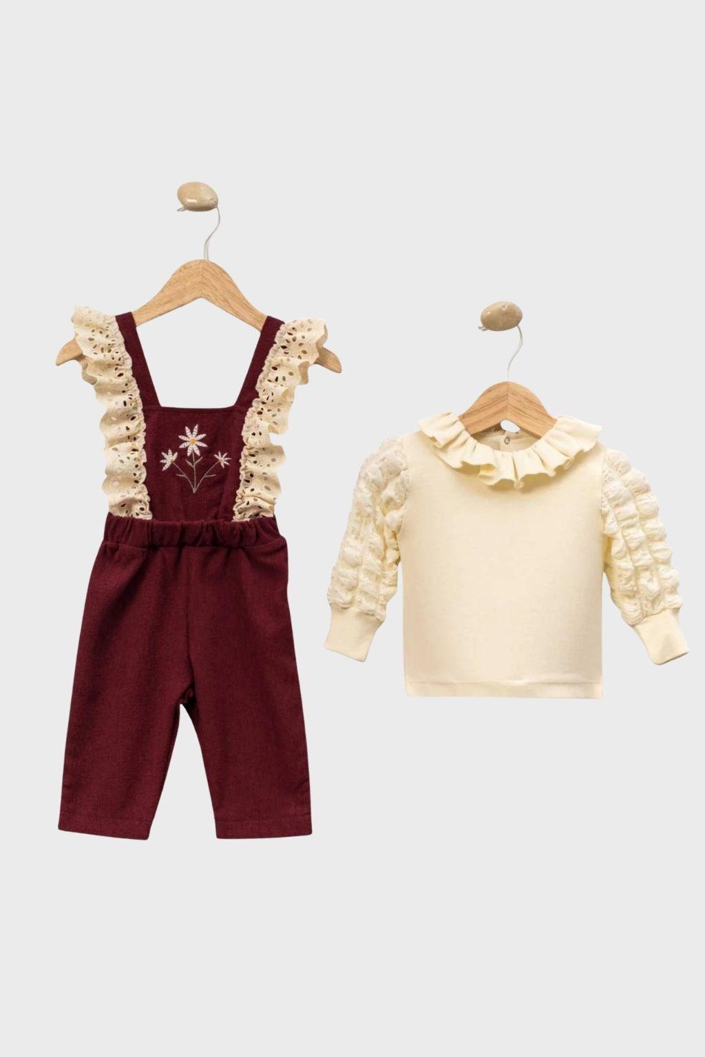 Kız Bebek Bordo Askılı Nakışlı Salopet Takım 6-18 Ay