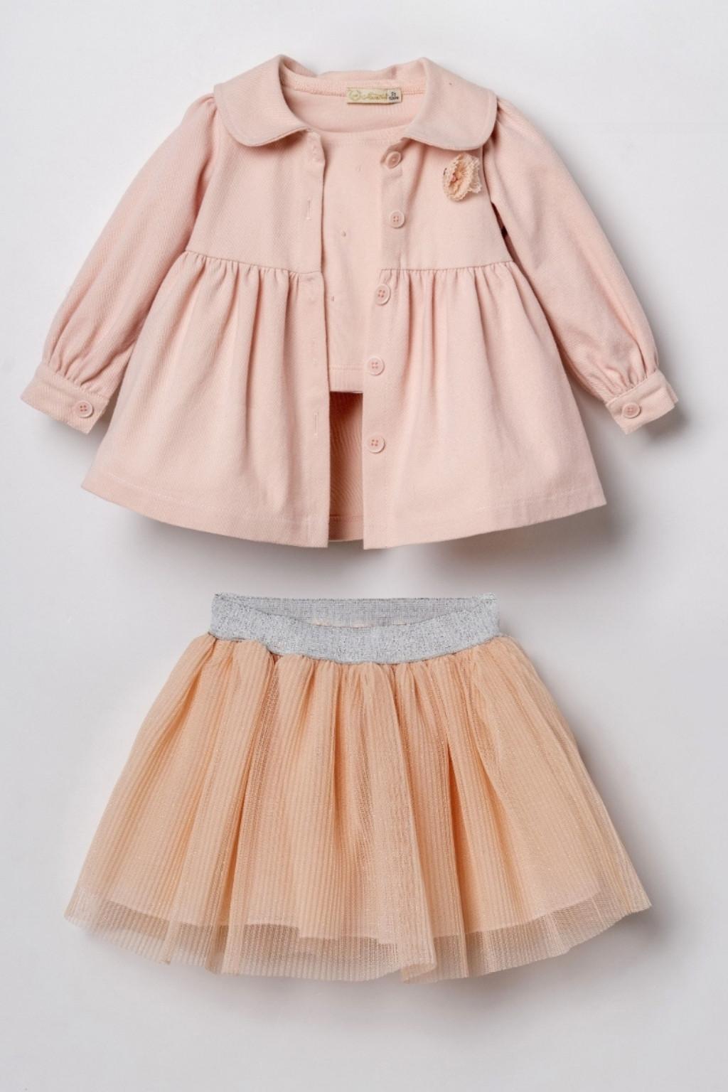 1-4 Yaş Kız Çocuk Pudra Ceket & Simli Tül Etek 3’lü Takım