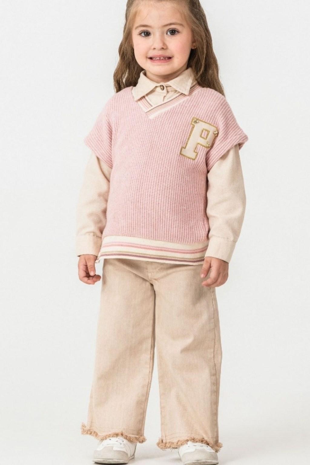 2-5 Yaş Kız Çocuk Gömlek Yaka Triko Süveter & Pantolon 3’lü Takım