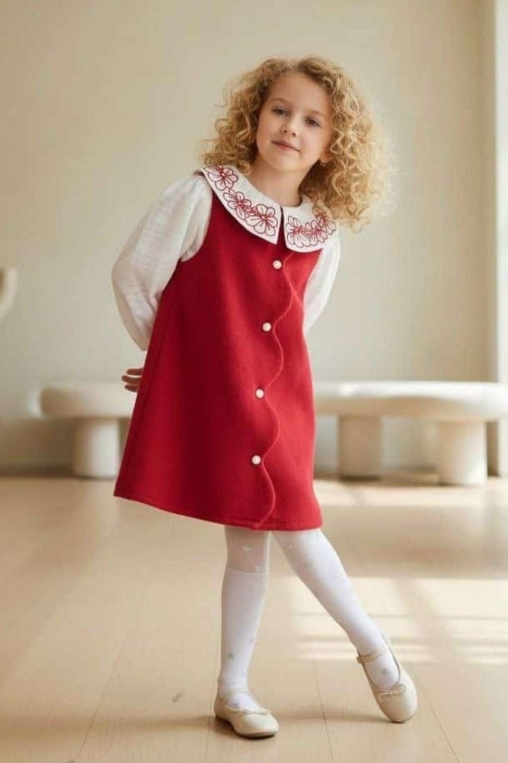 2-10 Yaş Kız Çocuk Yaka Nakışlı Jile Elbise & Gömlek Takım