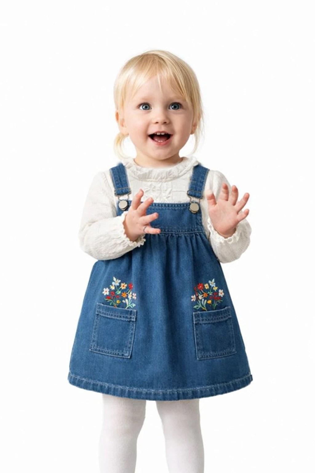 1-4 Yaş Kız Bebek Nakışlı Kot Jile Elbise & Gömlek Takım