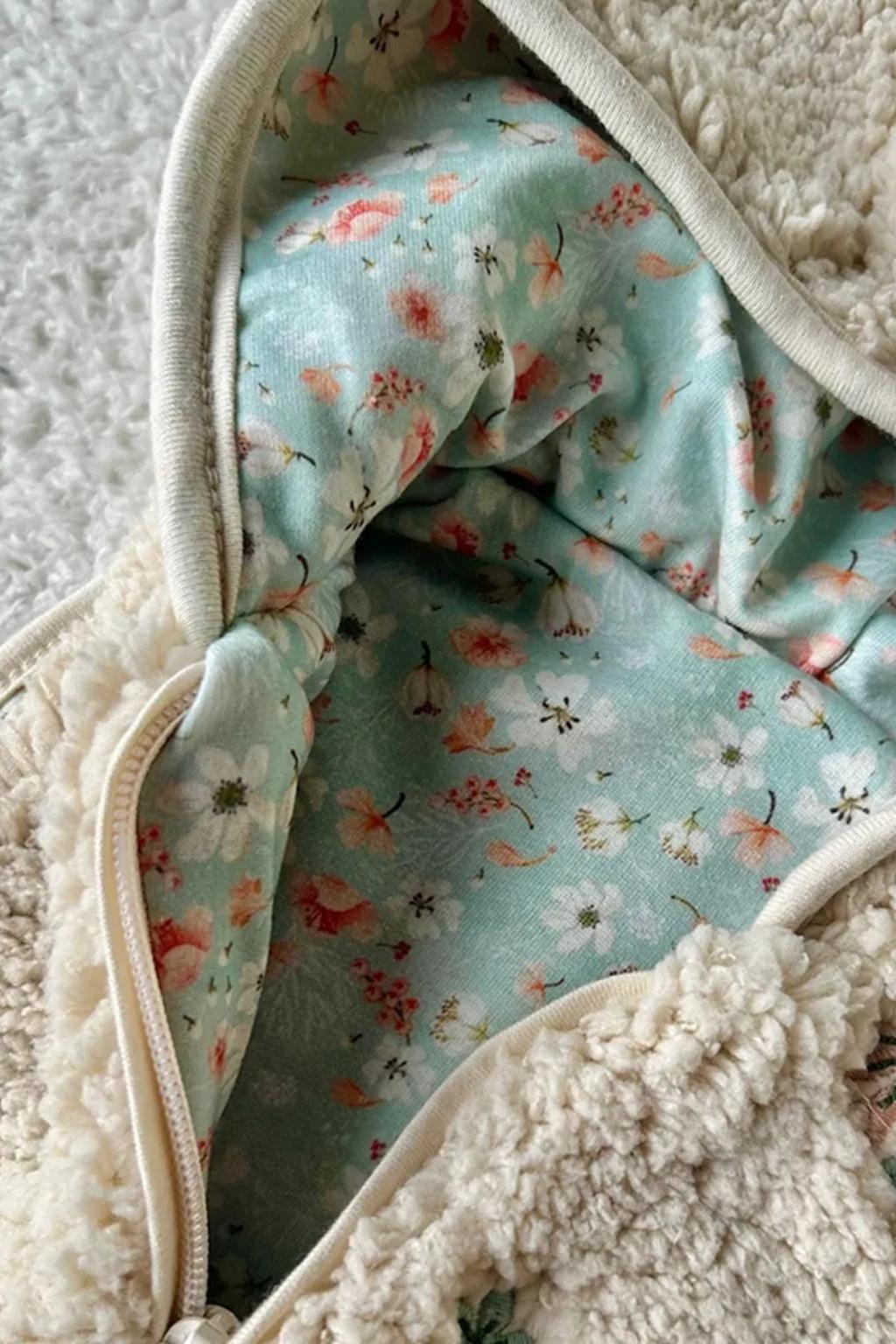 12-36 Ay Kapüşonlu Peluş Yelek (Fermuarlı, Çiçek Desenli)