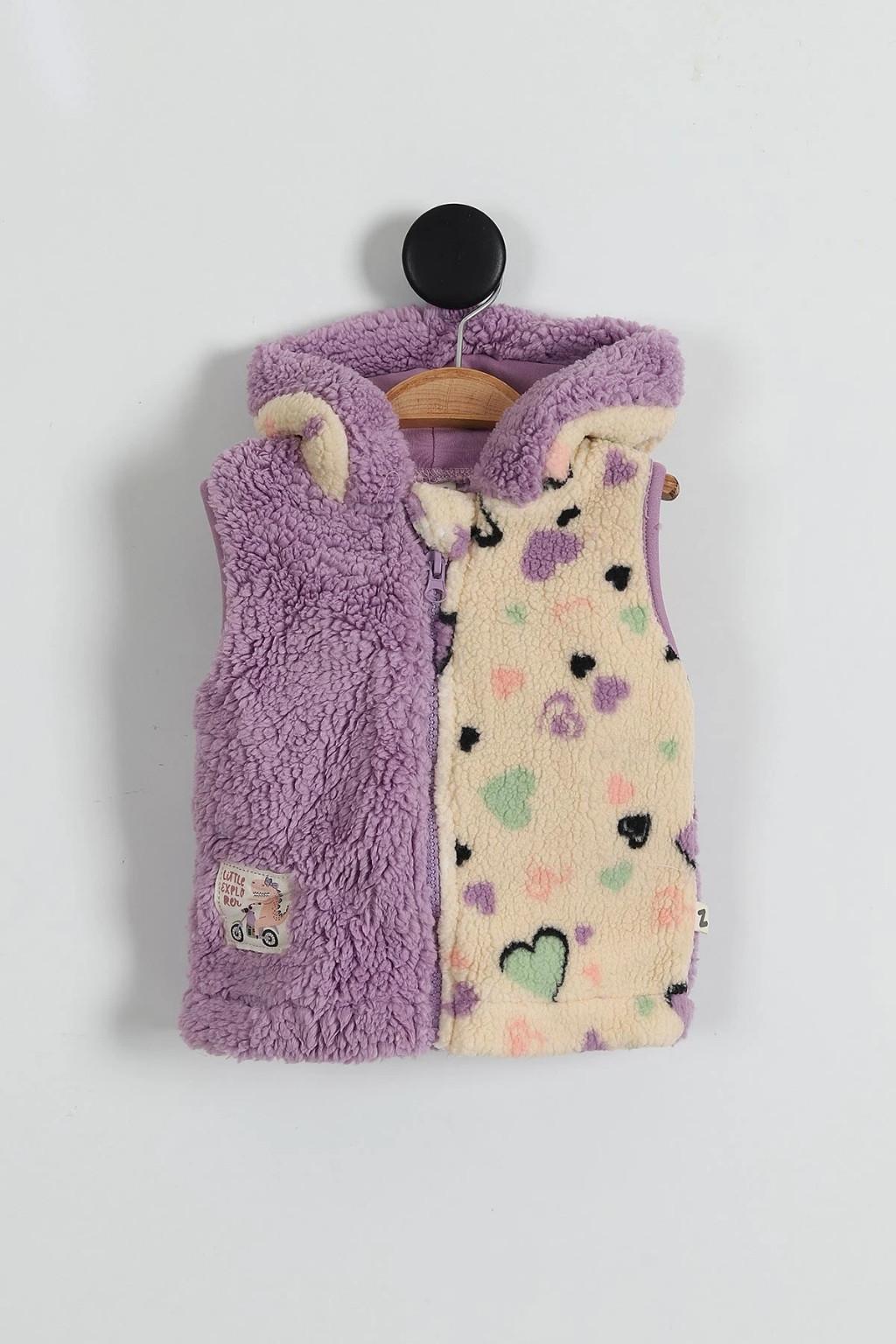 6-24 Ay Kapüşonlu Peluş Yelek (Fermuarlı, Kulak Detaylı)