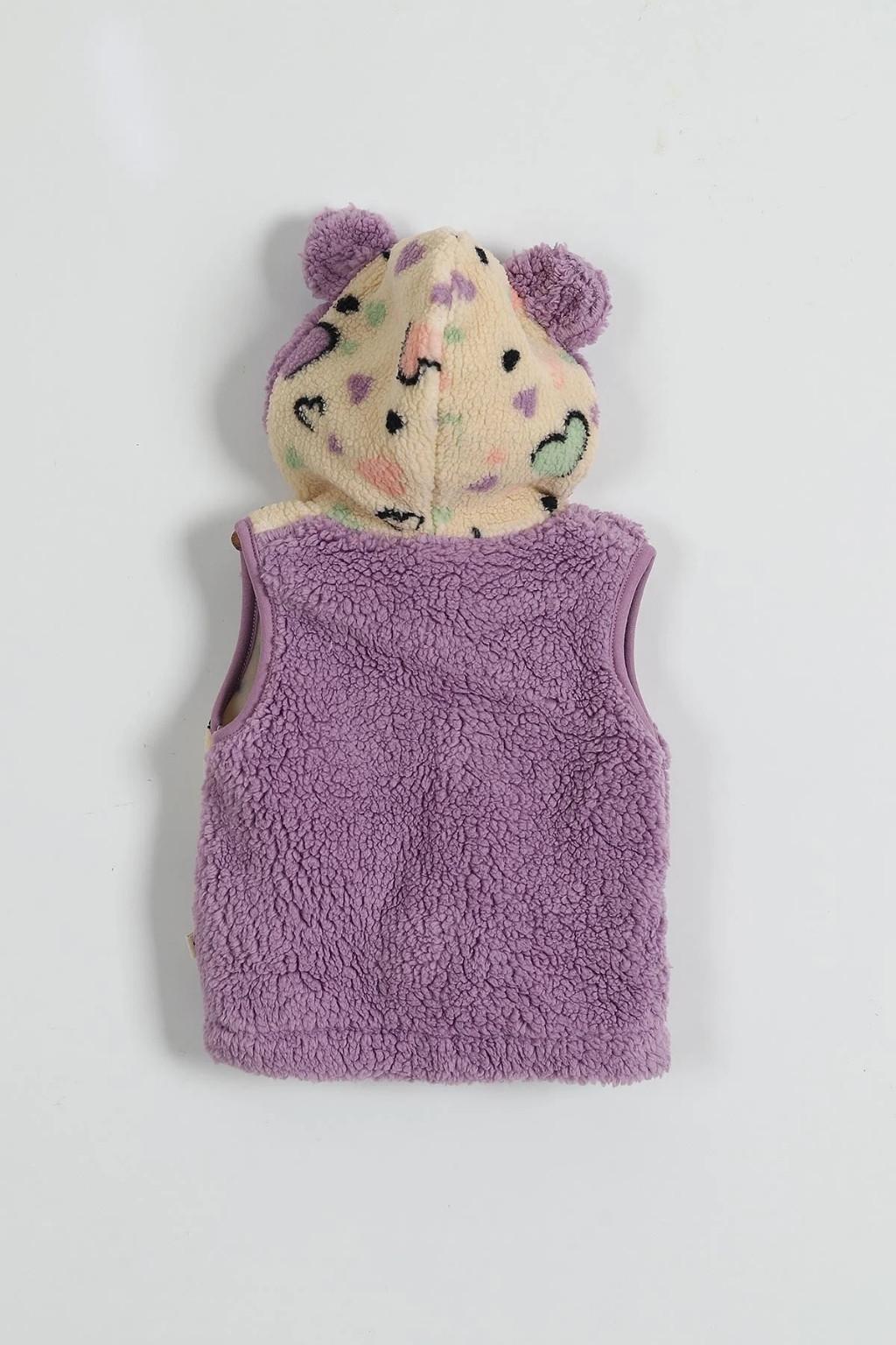 6-24 Ay Kapüşonlu Peluş Yelek (Fermuarlı, Kulak Detaylı)