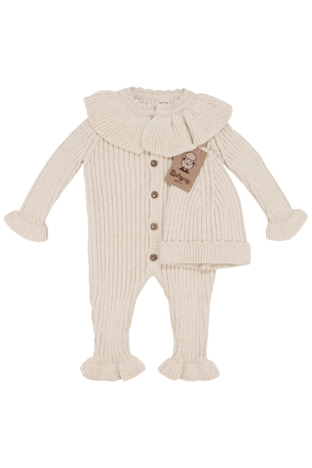 0-12 Ay Triko Şapkalı Tulum (Fırfır Yaka Detaylı) Beyaz