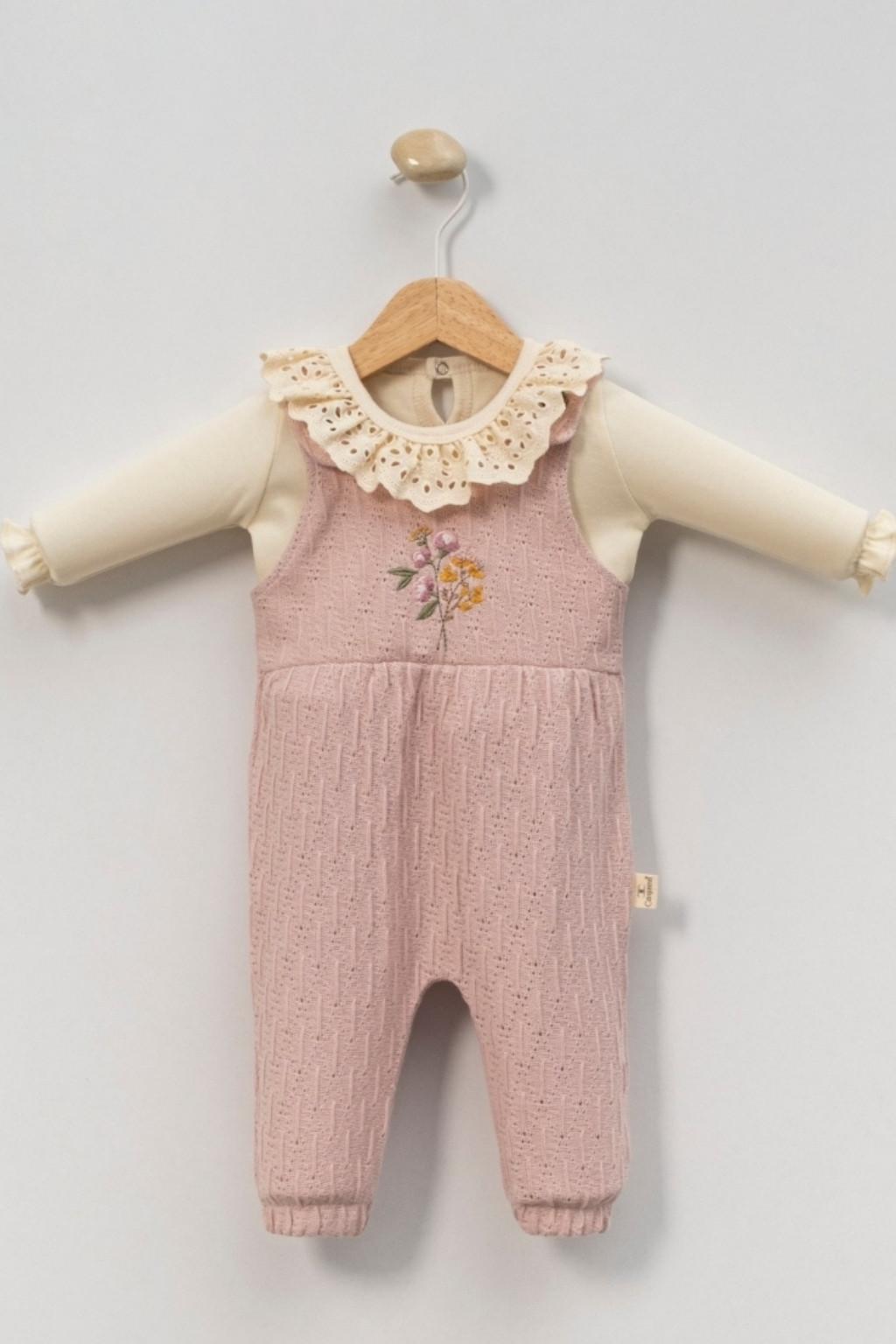 3-18 Ay Dantelli Yaka Nakışlı Salopet Tulum (Uzun Kollu Bluzlu)