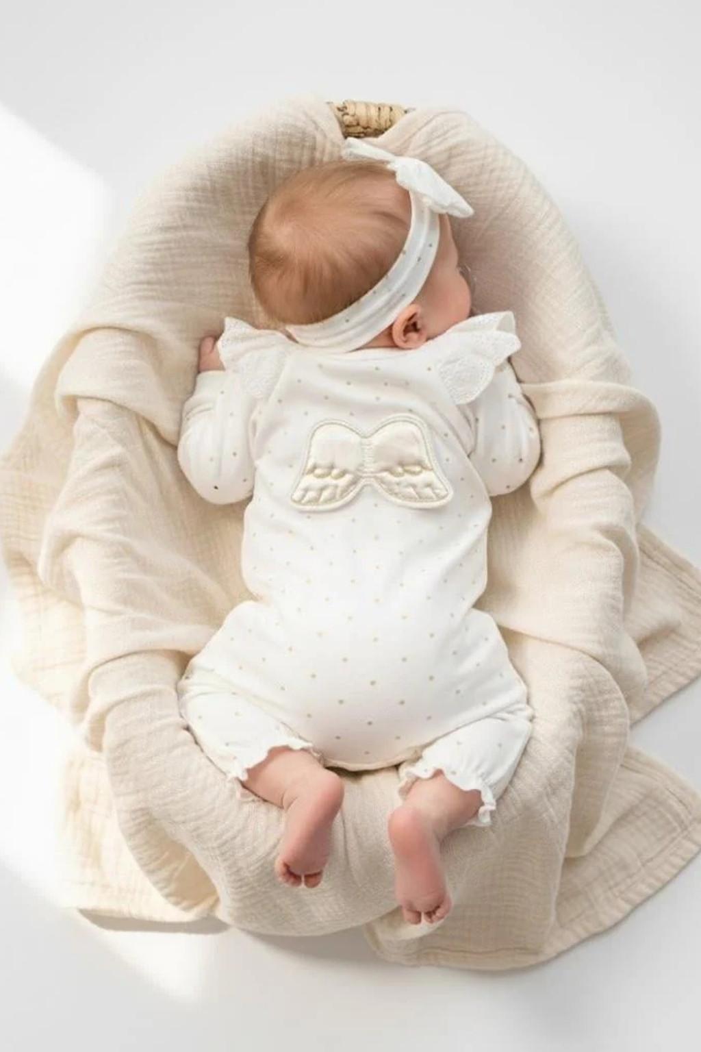 Kız Bebek Sweet Angel Kanatlı Tulum & Saç Bandı Set 0-9 Ay Ekru