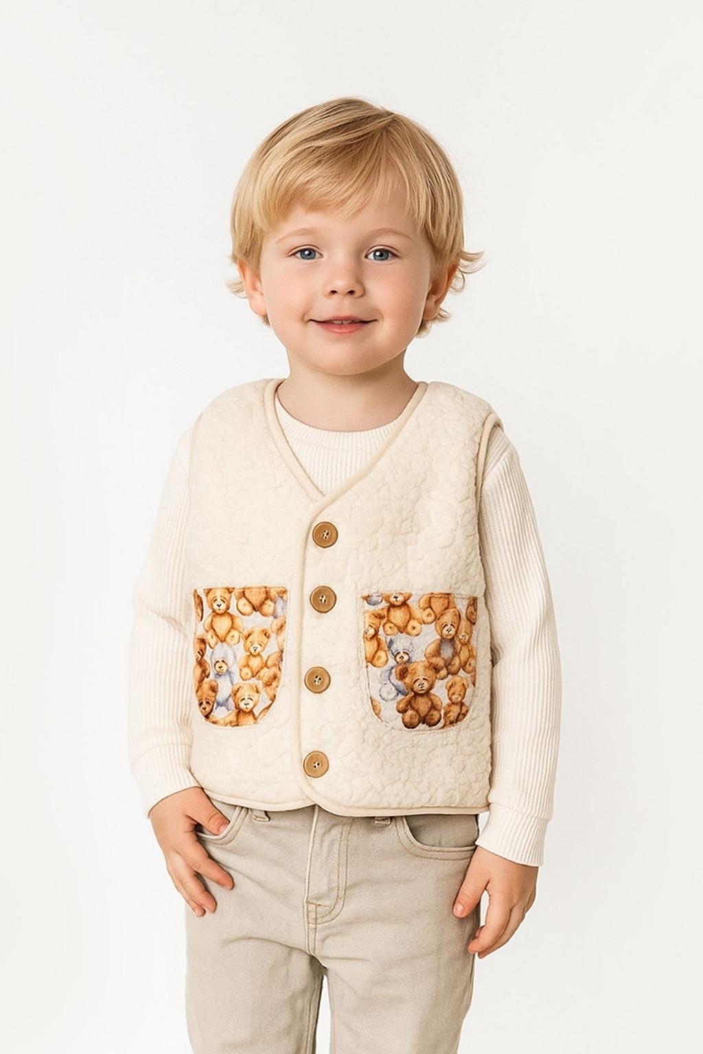 Ayıcık Desenli Peluş Çocuk Yelek Çift Cepli Düğmeli 9 Ay-5 Yaş