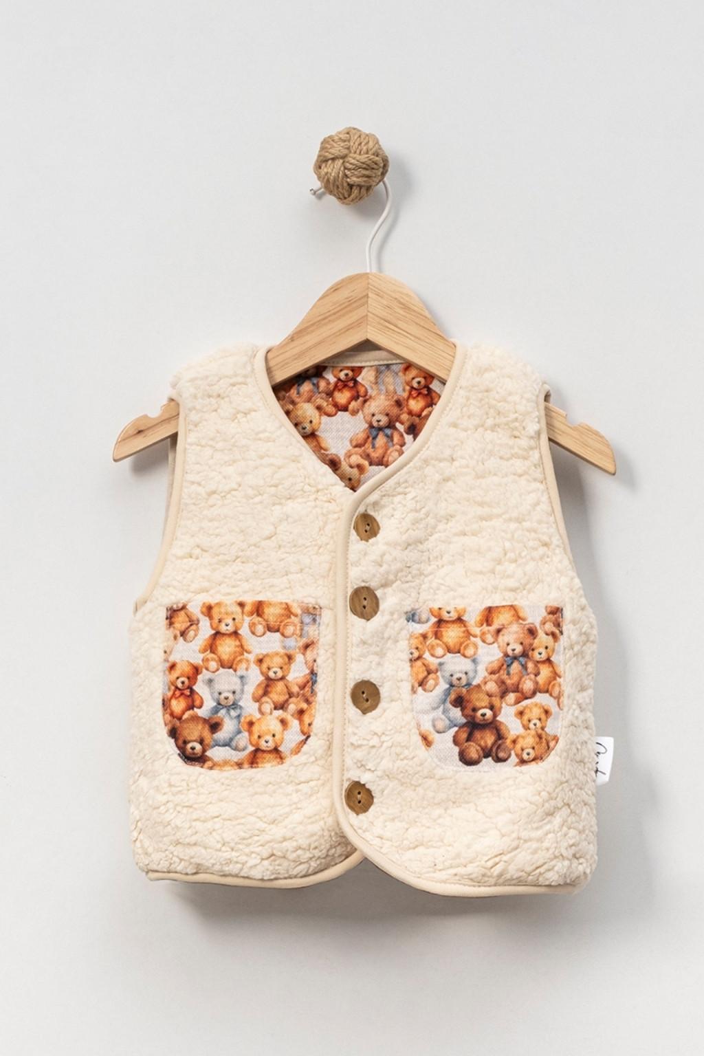 Ayıcık Desenli Peluş Çocuk Yelek Çift Cepli Düğmeli 9 Ay-5 Yaş