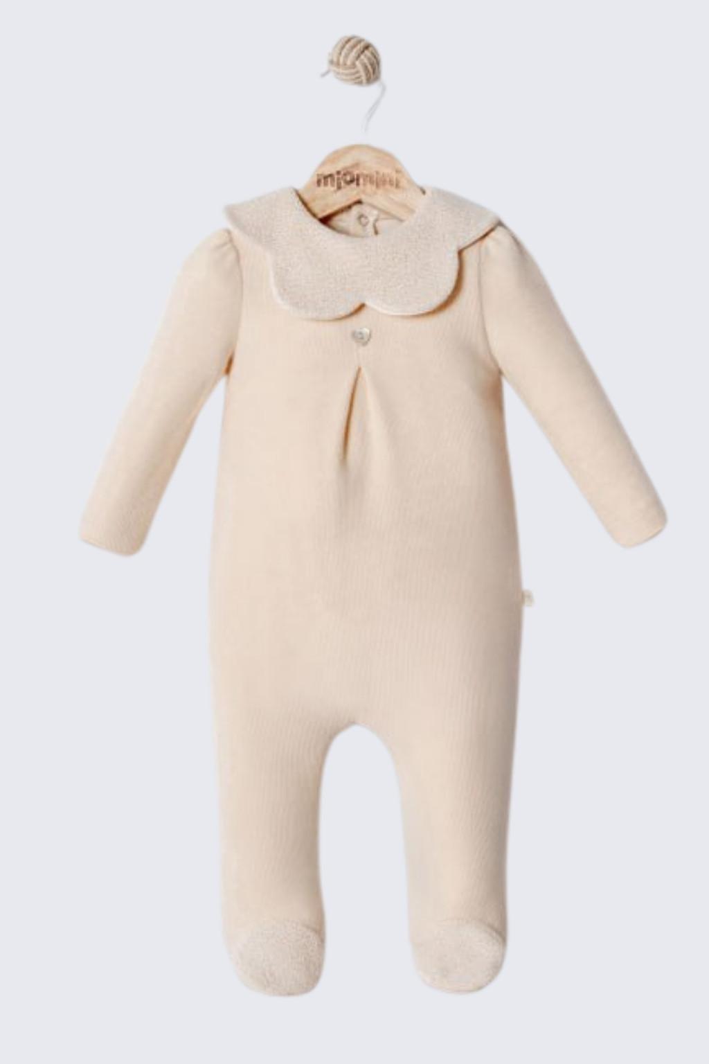 Büyük Yakalı Ayaklı Bebek Tulum 0-12 Ay Bej