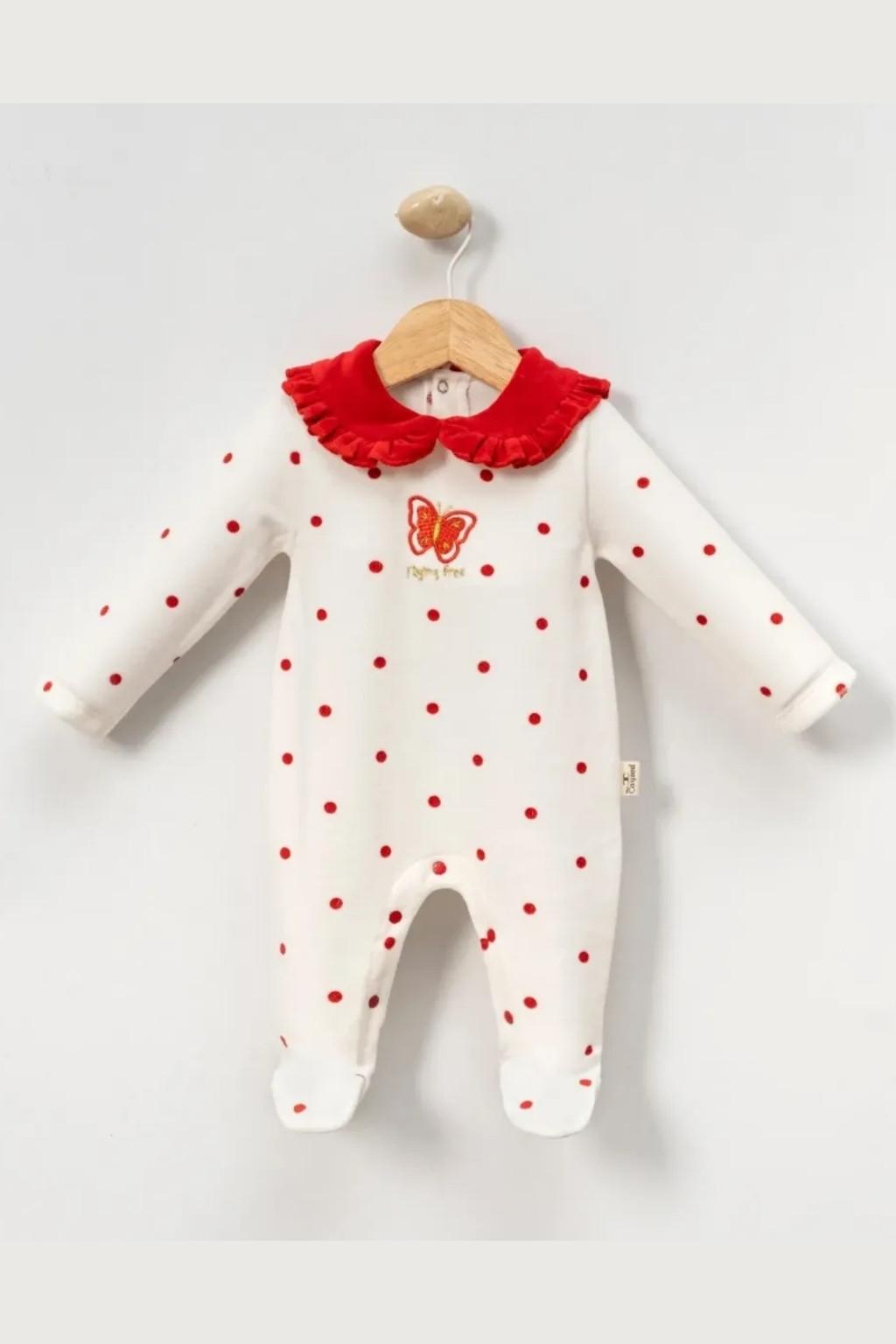 Kırmızı Puantiyeli Dantel Yakalı Ayaklı Kız Bebek Tulum 0-9 Ay Ekru