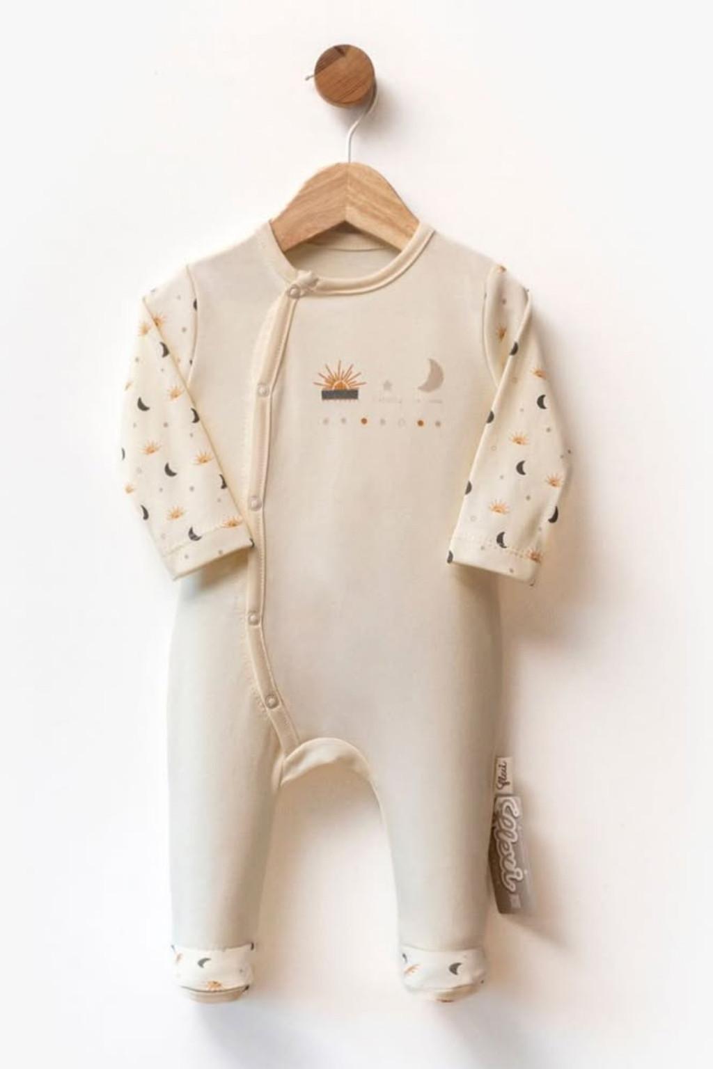 Ay Güneş Desenli Çapraz Çıtçıtlı Bebek Tulum 0-9 Ay Bej