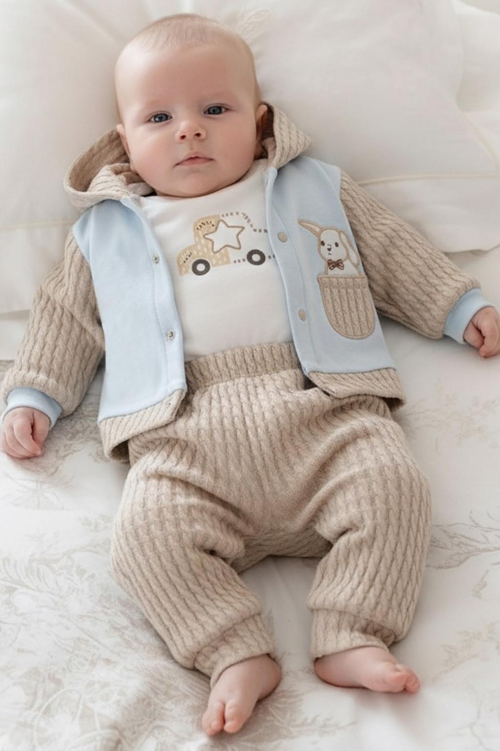 Kapüşonlu Üçlü Bebek Takım Hırka Body Pantolon