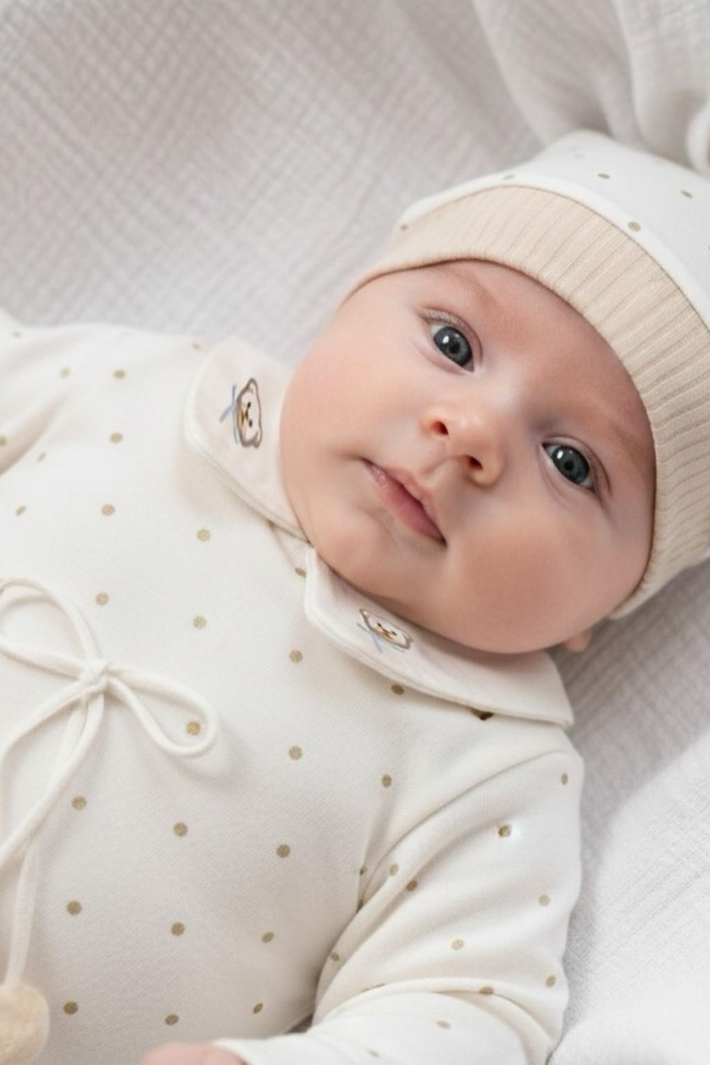 Puantiyeli Yakalı Bebek Tulum ve Şapka Set