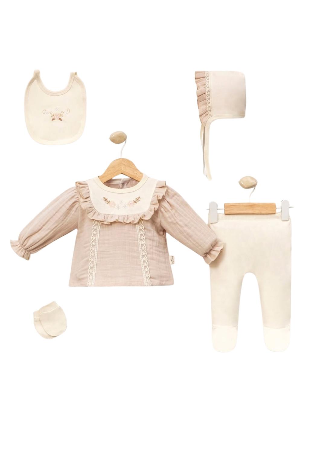 Fırfırlı Nakış Detaylı Yenidoğan 5’li Hastane Çıkış Seti