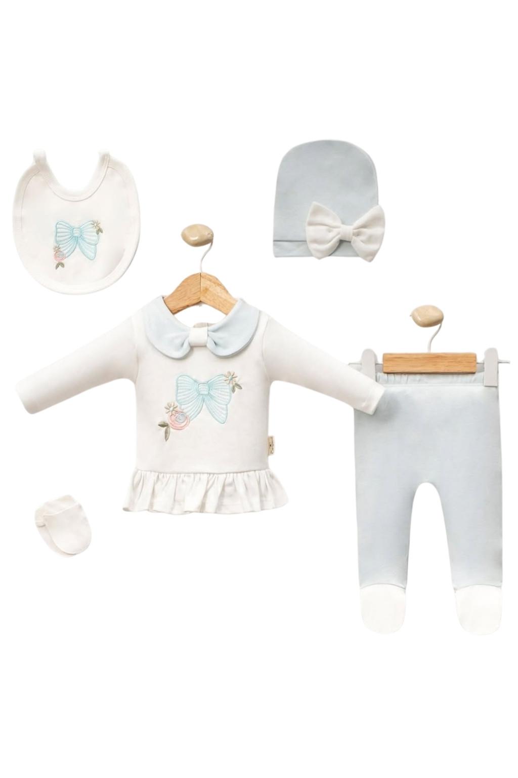 Fiyonklu Nakış Detaylı Yenidoğan 5’li Hastane Çıkış Seti