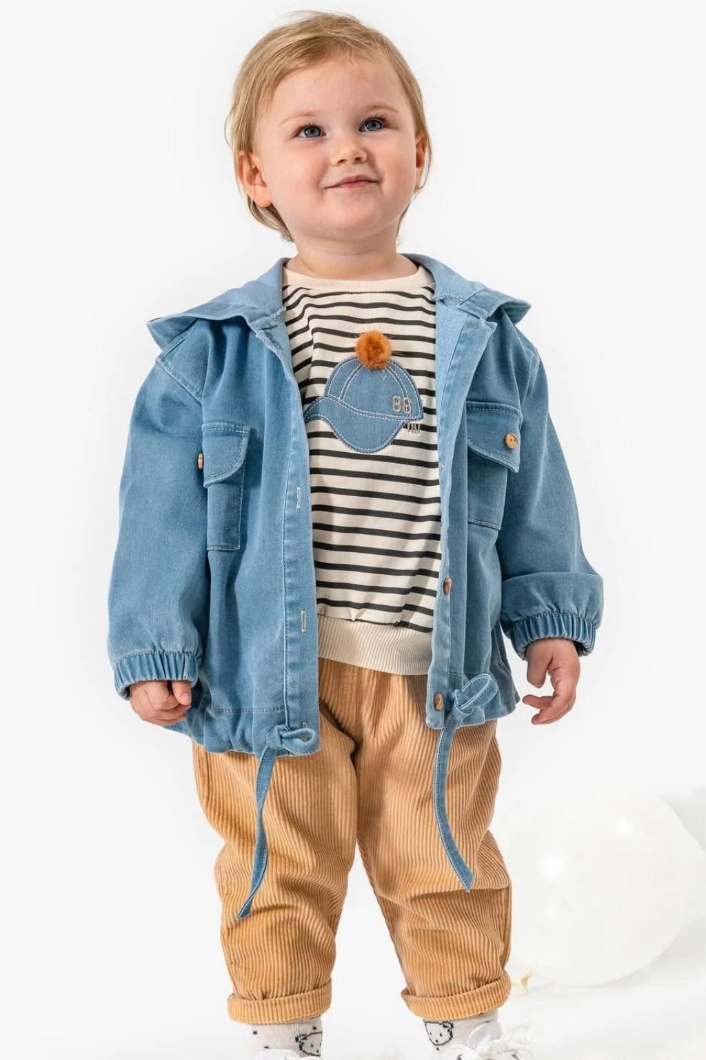 Erkek Bebek 3’lü Takım 9-24 Ay | Kot Ceketli Çizgili Sweat & Pantolon