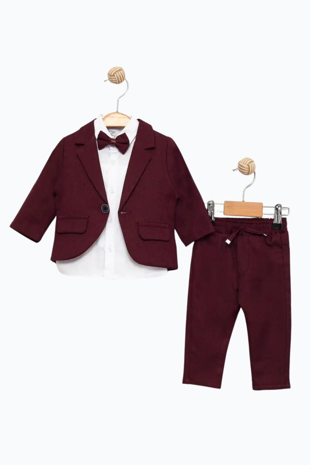 Erkek Bebek Bordo Ceketli Papyonlu 3’lü Takım 6-24 Ay
