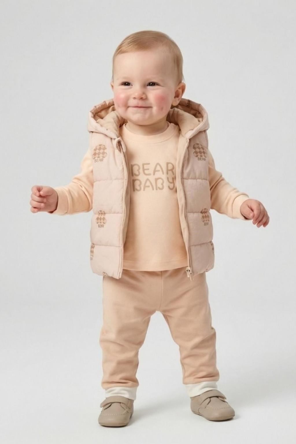 Erkek Bebek Bear Baskılı Yelekli 3’lü Takım 6-18 Ay
