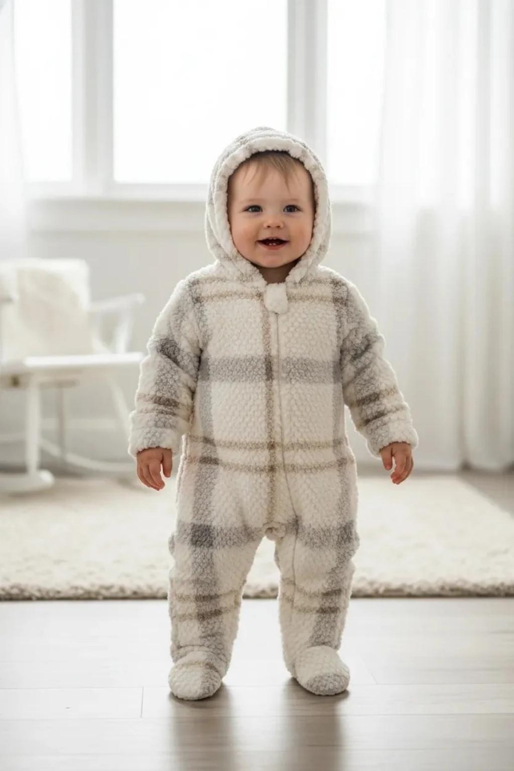 Erkek Bebek Peluş Kapüşonlu Tulum 3-12 Ay