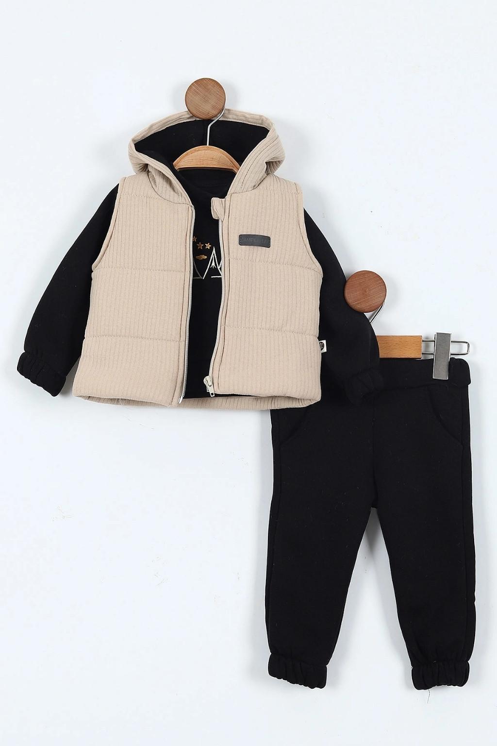 Erkek Bebek Kapüşonlu Yelekli 3’lü Kışlık Takım 6-18 Ay