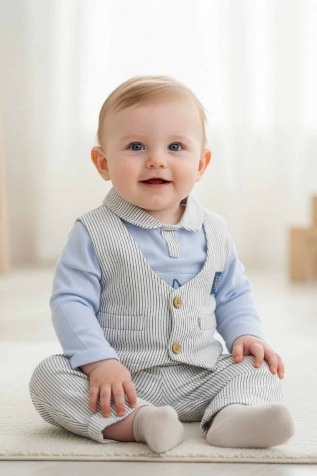 Erkek Bebek Çizgili Yelekli 3’lü Takım 6-18 Ay