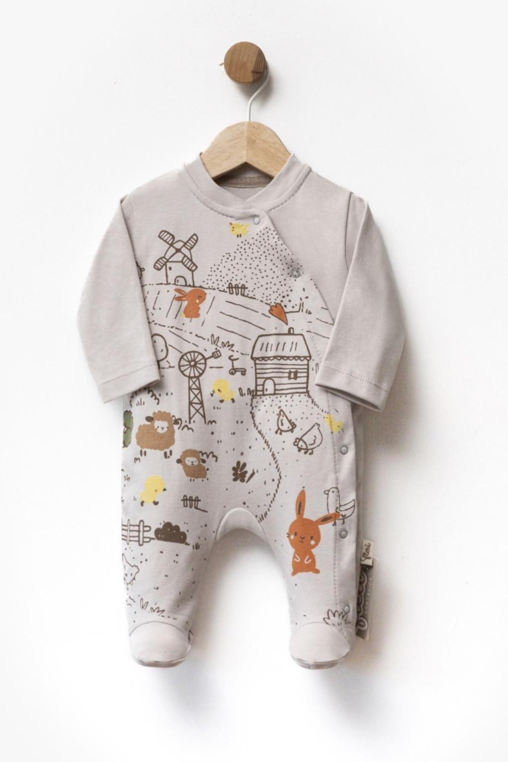 0-9 Ay Çiftlik Desenli Bebek Patikli Tulum