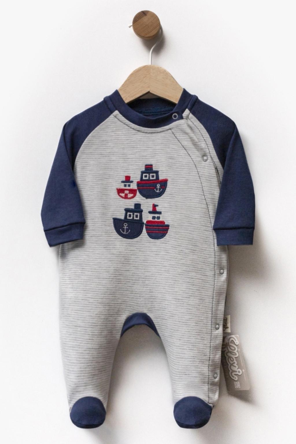 0-9 Ay Erkek Bebek Patikli Çıtçıtlı Tulum (Gemi Nakışlı)