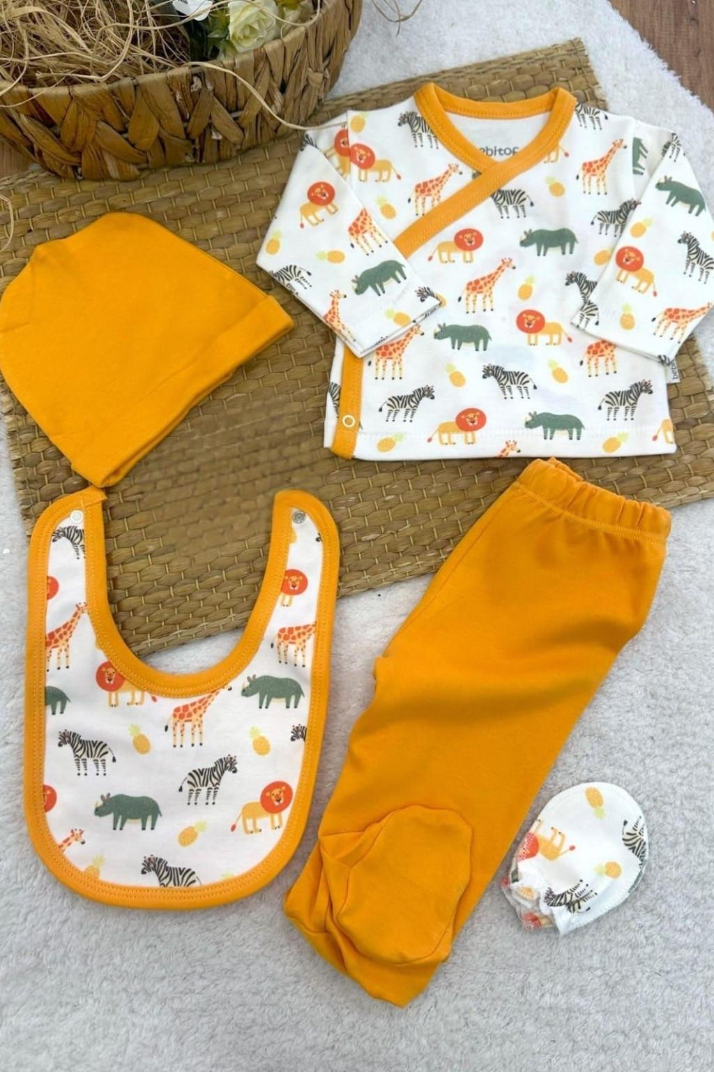 Safari Desenli 5’li Hastane Çıkışı Seti (Şapka, Önlük, Üst, Pantolon, Eldiven)