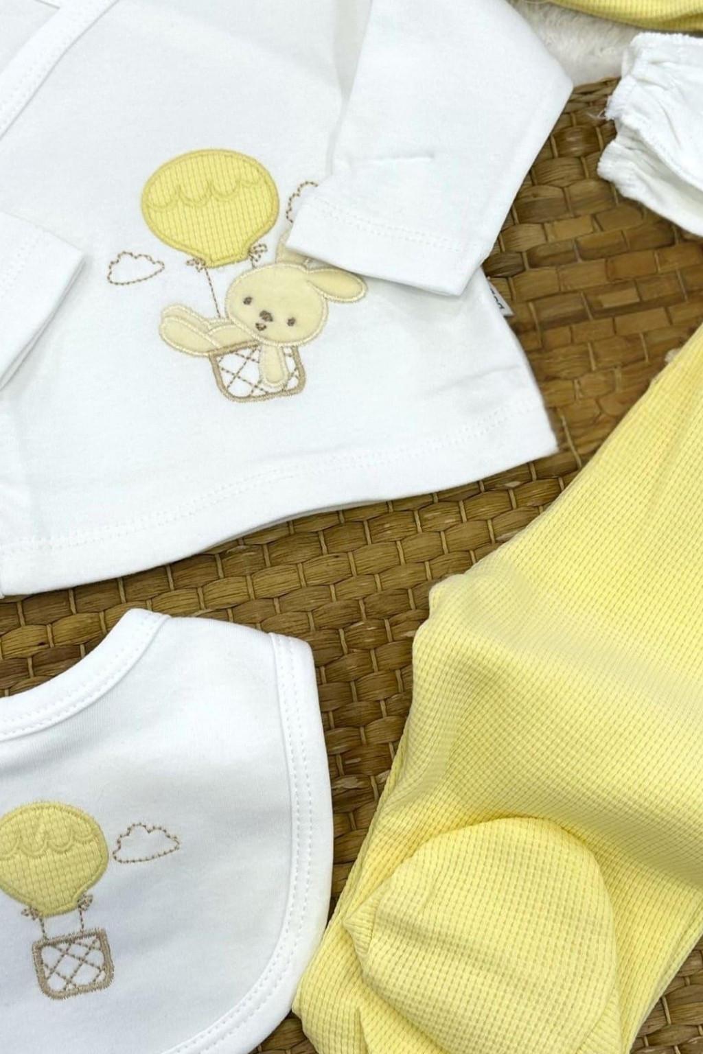 Sarı Balon Nakışlı 5’li Hastane Çıkışı Seti (Şapka, Önlük, Üst, Pantolon, Eldiven)