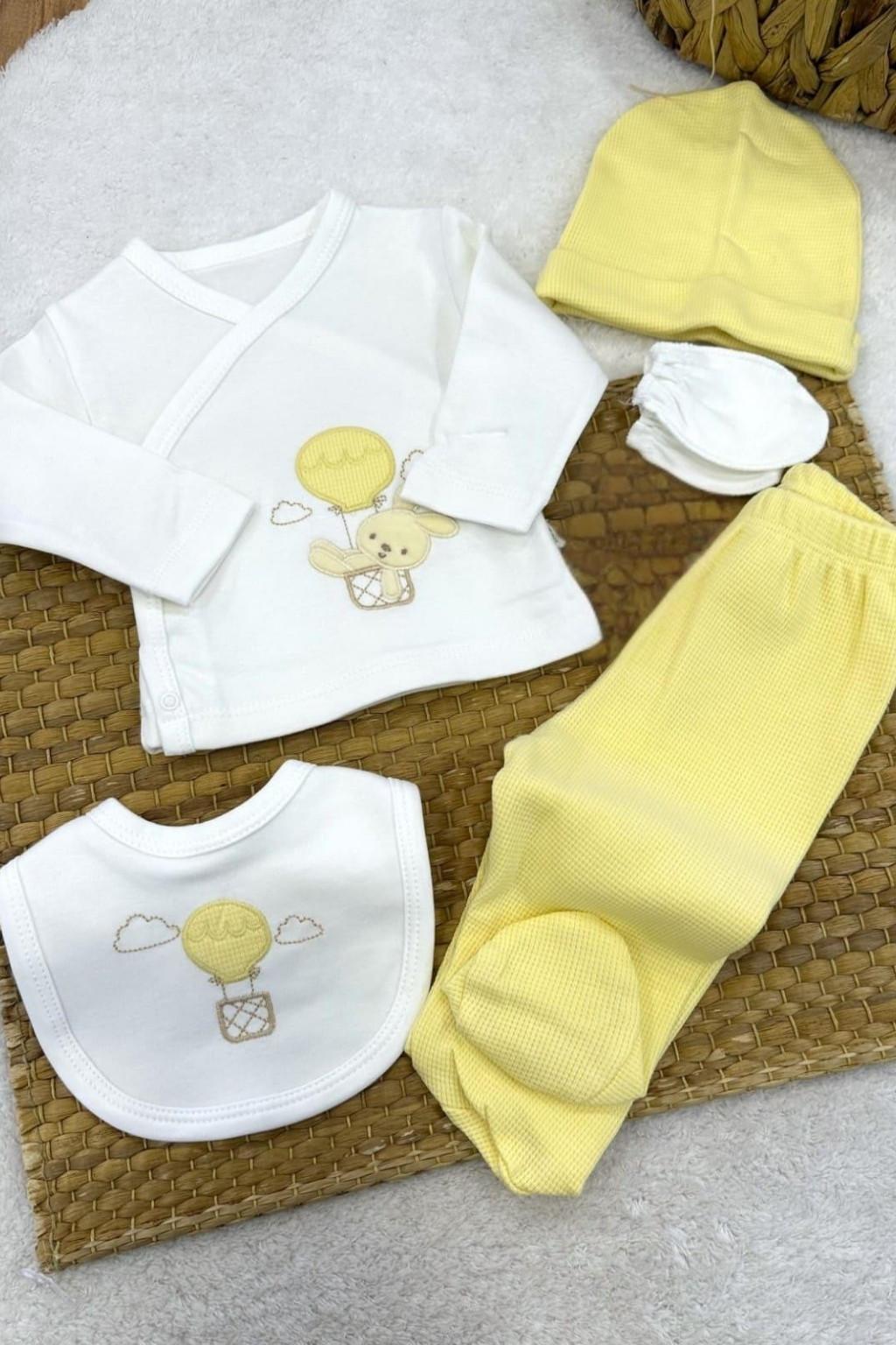 Sarı Balon Nakışlı 5’li Hastane Çıkışı Seti (Şapka, Önlük, Üst, Pantolon, Eldiven)