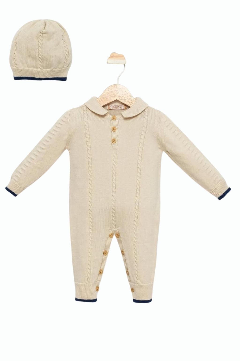 Bej Triko Şapkalı Bebek Tulum (0-12 Ay)