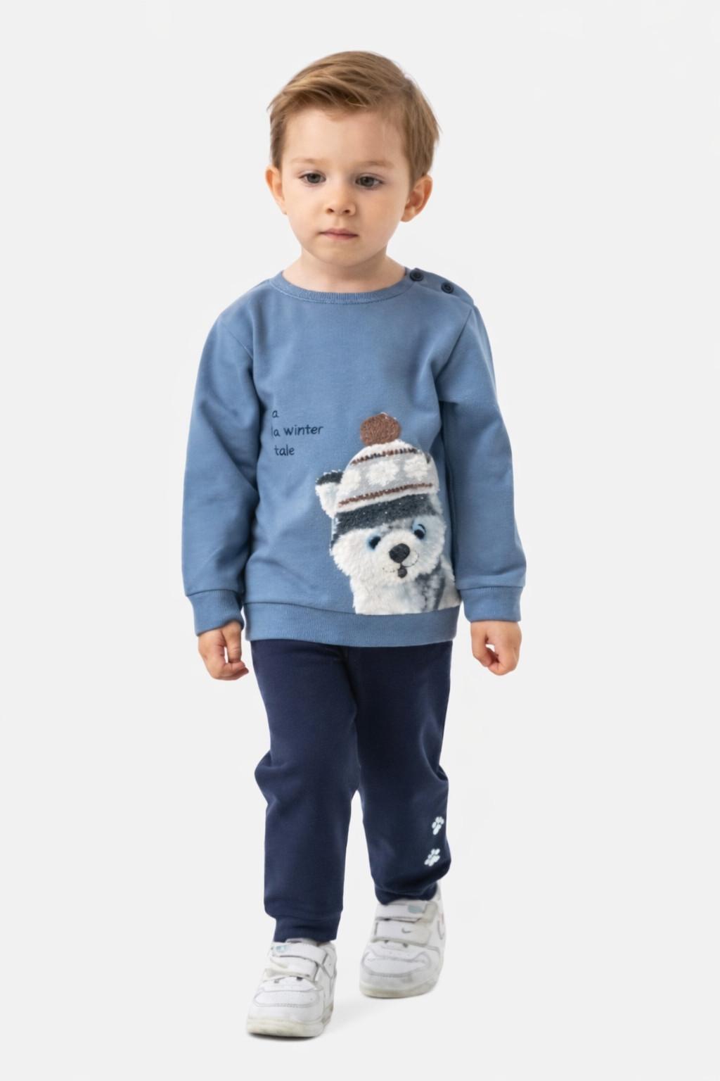 Ayıcık Baskılı 2’li Erkek Bebek Eşofman Takımı Mavi (9-18 Ay)