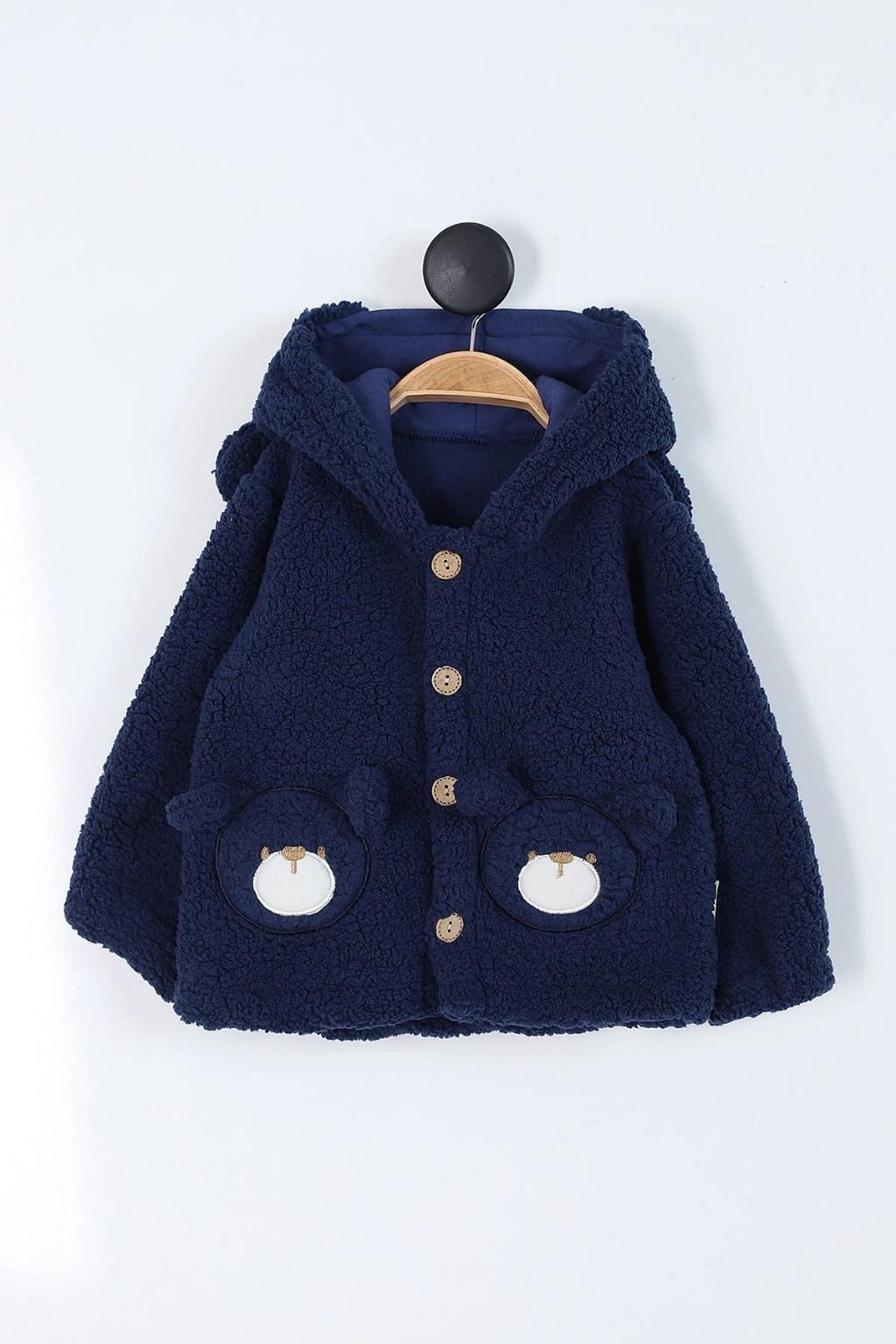 Ayıcık Cepli Kapüşonlu Bebek Peluş Mont Lacivert (1-3 Yaş)