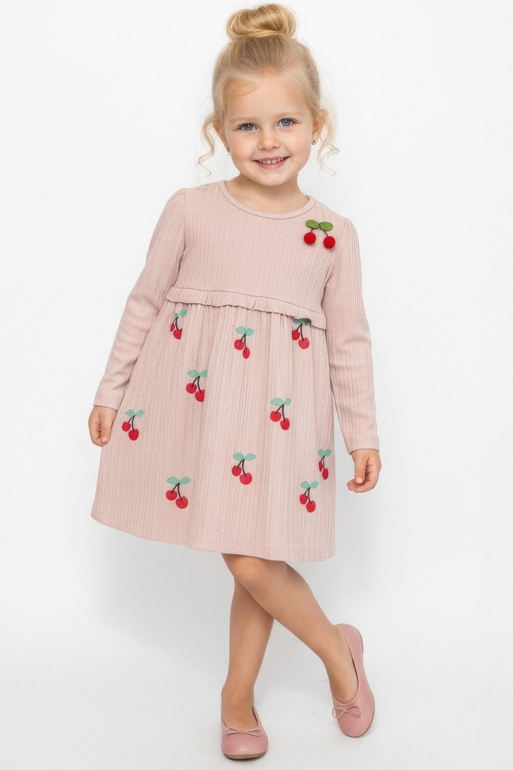 Kız Çocuk Kiraz Desenli Elbise Pudra (3-6 Yaş)