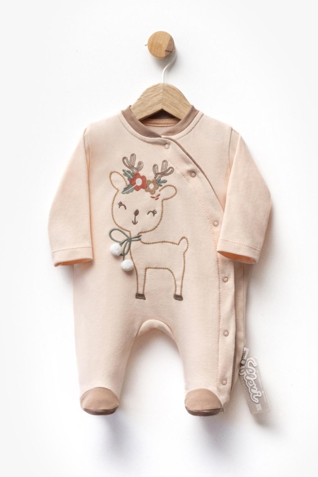 Kız Bebek Geyik Nakışlı Ayaklı Tulum Pudra (0-9 Ay)