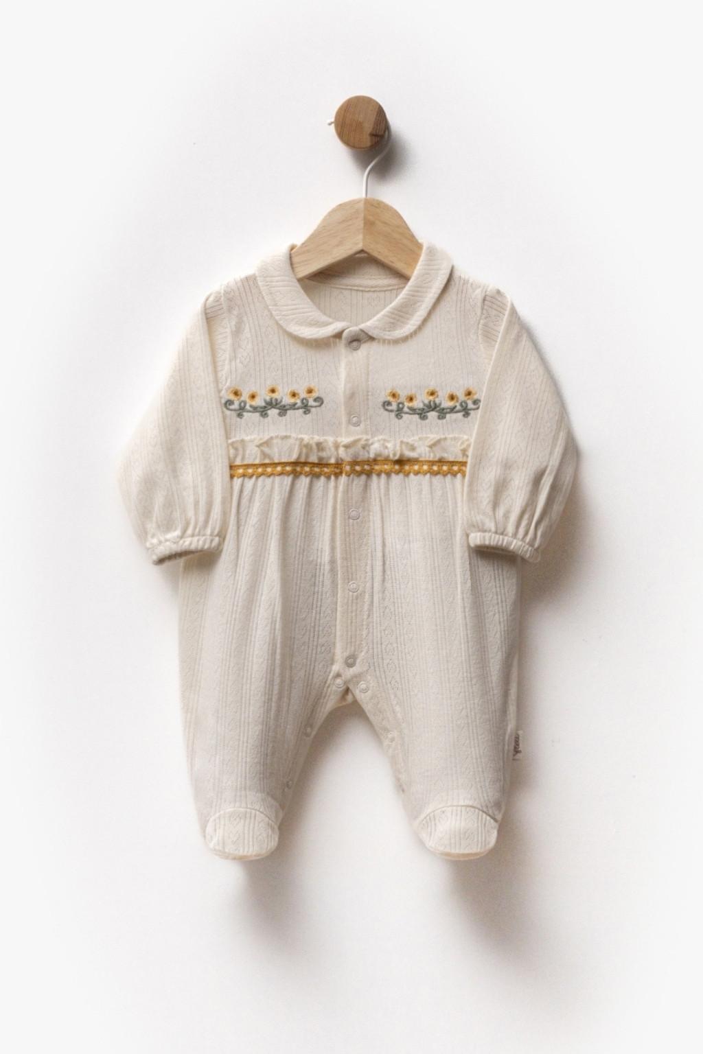 Kız Bebek Nakış Detaylı Ayaklı Tulum Ekru (0-9 Ay)